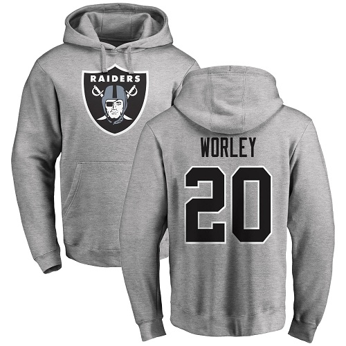 Men Oakland Raiders Ash Daryl Worley Name and Number Logo NFL Football #20 Pullover Hoodie Sweatshirts->nfl t-shirts->Sports Accessory